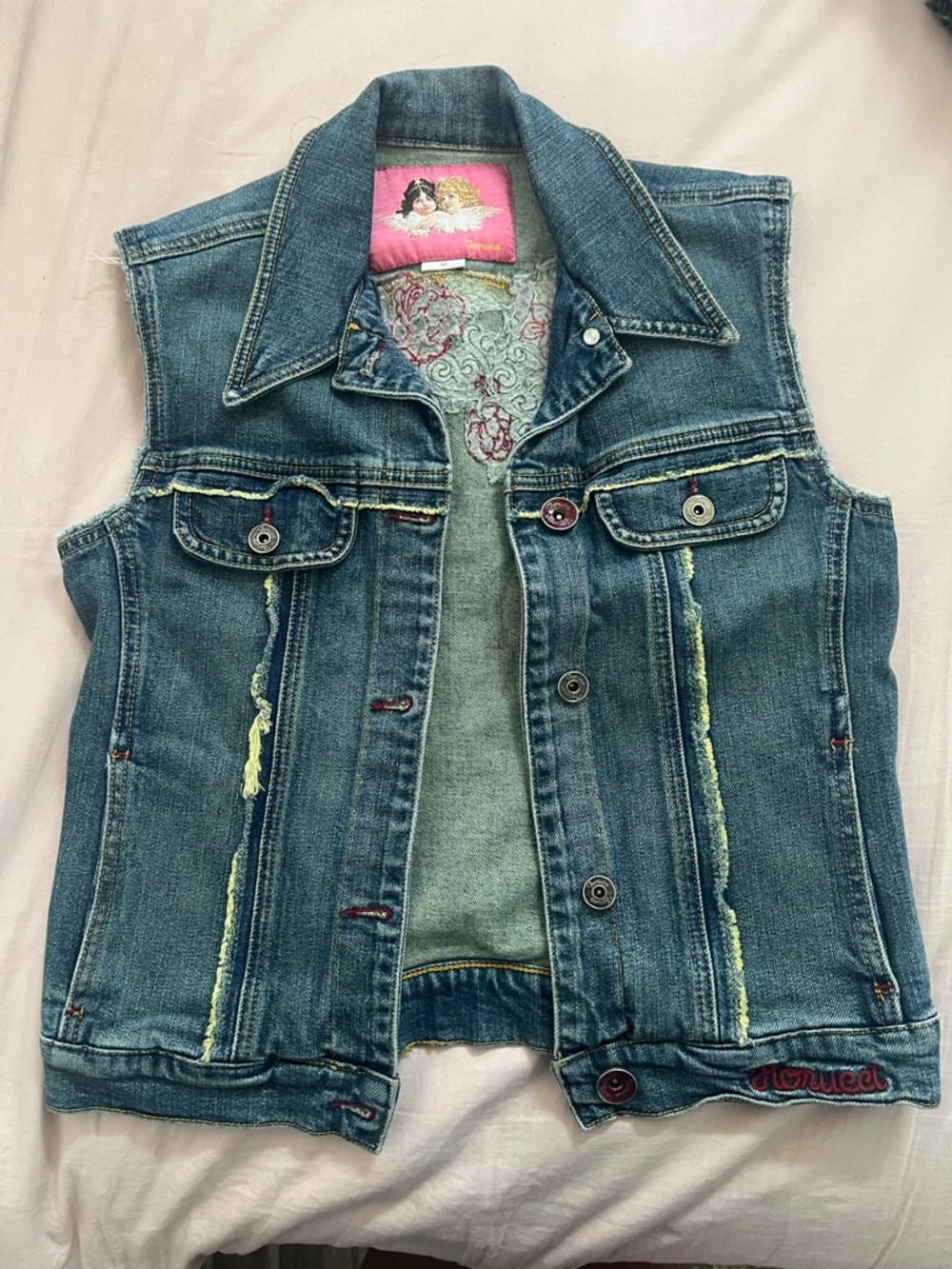 Fiorucci Blue Denim Sleeveless Vest Floral Embroidery with Pink Label